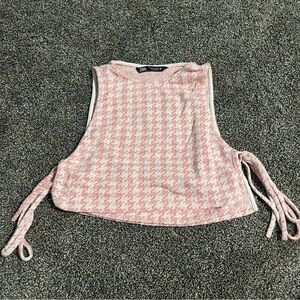 Zara size small pink white houndstooth side tie crop top tank with built in top